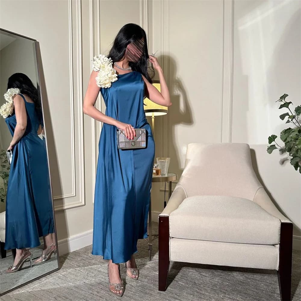 Customized Saudi Arabia Formal Gown Dearin Shoulder Girdle A-line Ankle Length Skirts Draped Applique 3D Flower Sleeveless Bespo