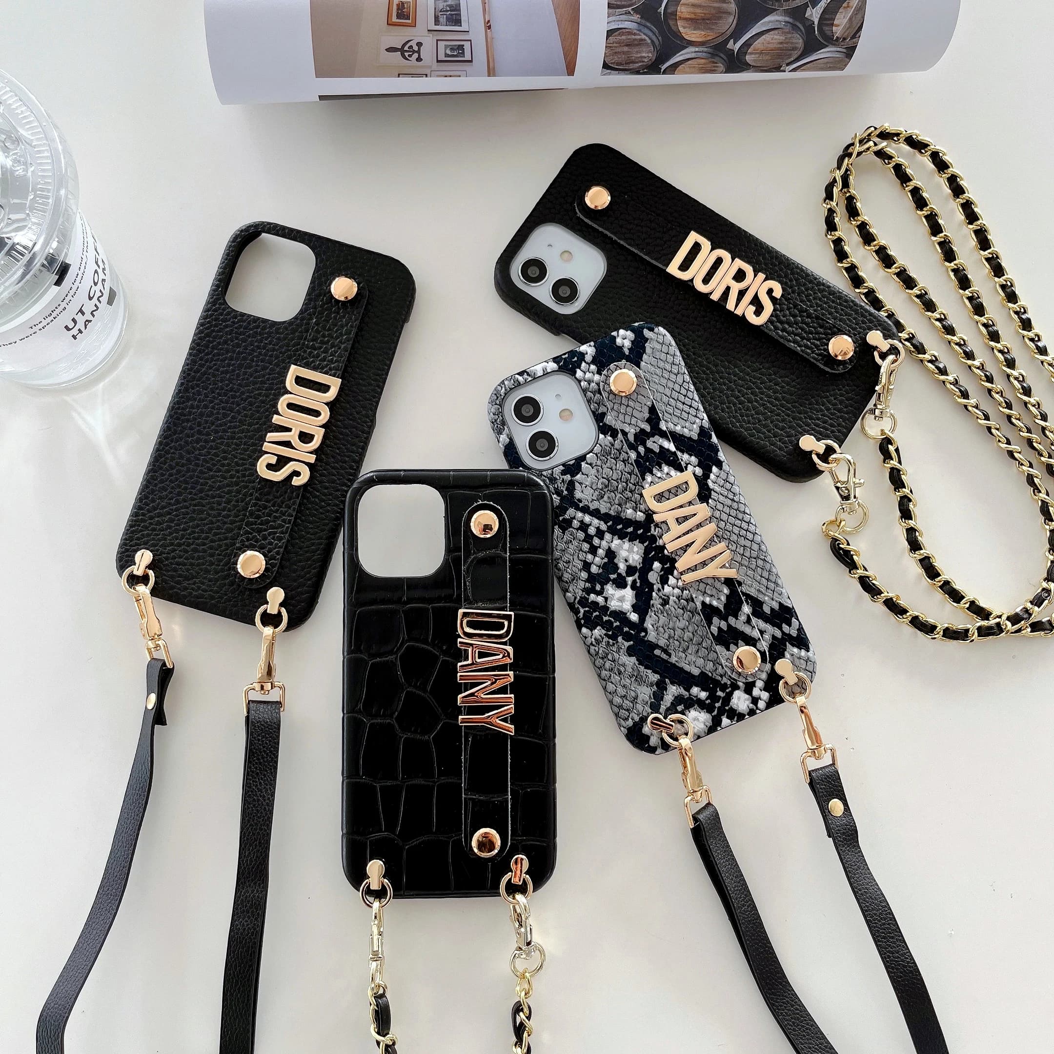 Genuine Leather Phone Case with Crossbody Strap DIY Phone Cover Customized Your Name iPhone 15 14Pro Max 14 15Plus 13 12 11