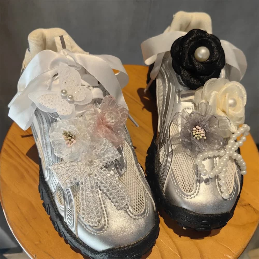 Pearl Bow Shoelaces Flower Rose Shoe Laces Decoration Mesh Flower Organza Lace Bow Ballet Shoes Buckle Accessories New 1PCS