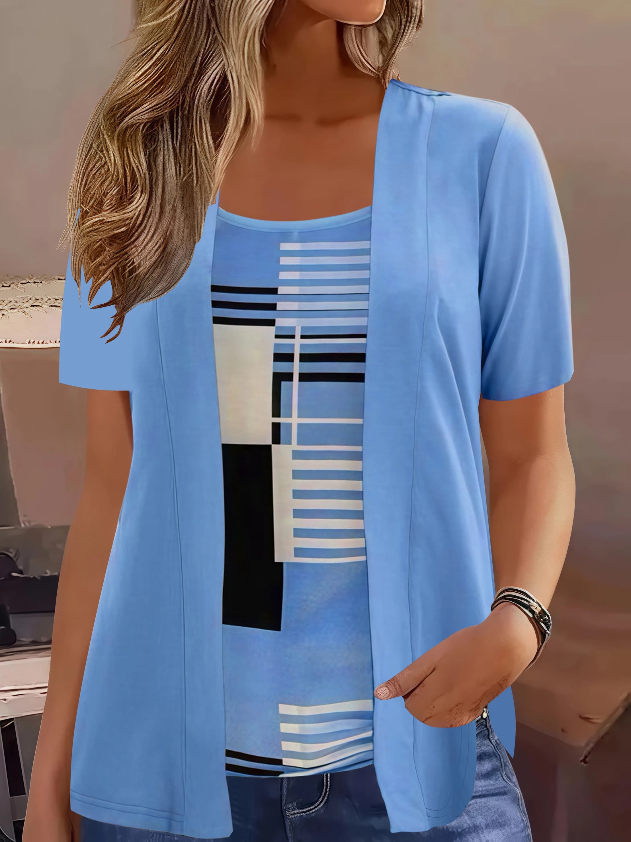 Elegant Geometric Print Mock Two-Piece T-Shirt | Plus Size Womens Summer Casual Top | Fashion Patchwork Design