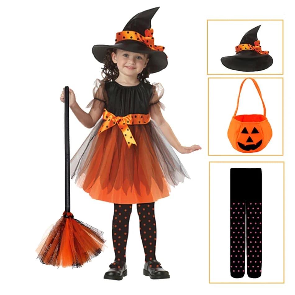 Girls Halloween Cosplay Kids Children Costume Gown Infant Witch Dress Clothing Set With Hat Pumpkin Bag Pantyhose