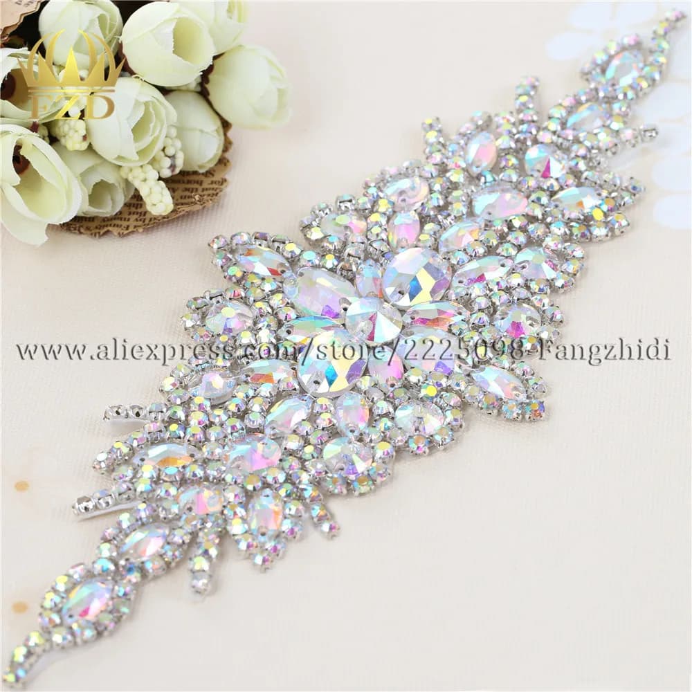 1 Piece Multiple Claw AB Rhinestone Crystal Appliques Patches Hot Fix Glass Rhinestone Motif Iron On Bridal Sash Belt FA-949