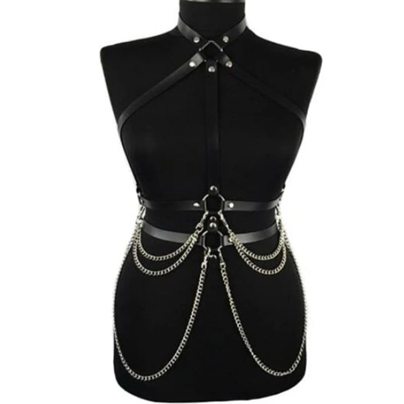 New Womens Punk Black Faux Leather Waist Belt Halter Neck Body Chest Harness with Metal Chain Adjustable Buckles O-Rings