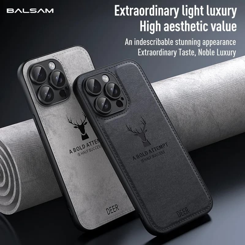 Luxury Cloth Leather Texture Deer Head Pattern Case For iPhone 16 15 14 13 12 11 Pro X XR XS Max 7 8 Plus Shockproof Soft Cover