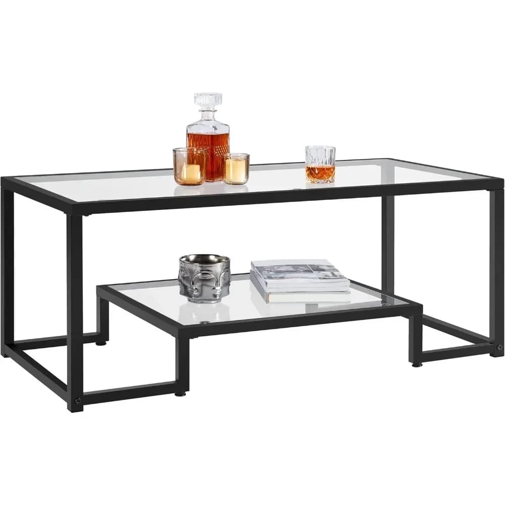 Tempered Glass Coffee Table, Modern Simple Center Table w/Geometric-Inspired Design & Metal-Frame & Assembly