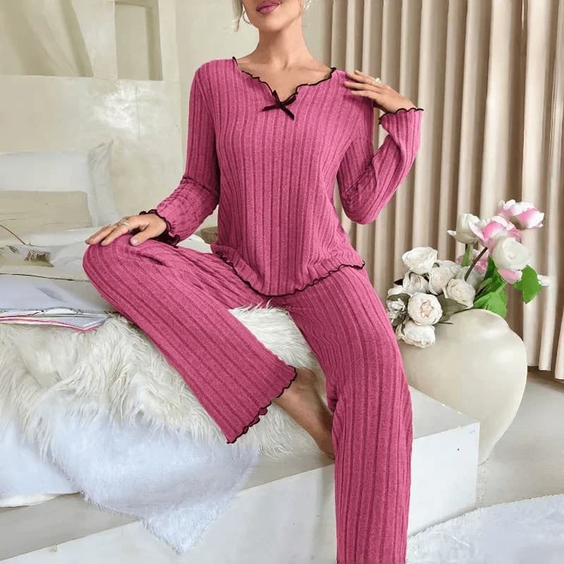 Women's Ribbed Pajamas Set Autumn Long Sleeve Top And Long Pants Sleepwear 2 Piece Set For Women Casual Home Elastic Pajamas