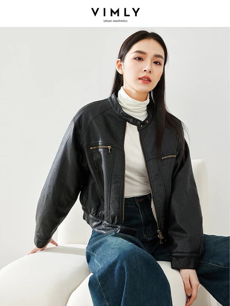 Vimly Black Stand Collar Leather Jacket 2023 Winter Thick Quilted Coat Women's Moto Biker Zipper Jackets New in Outerwears M5320