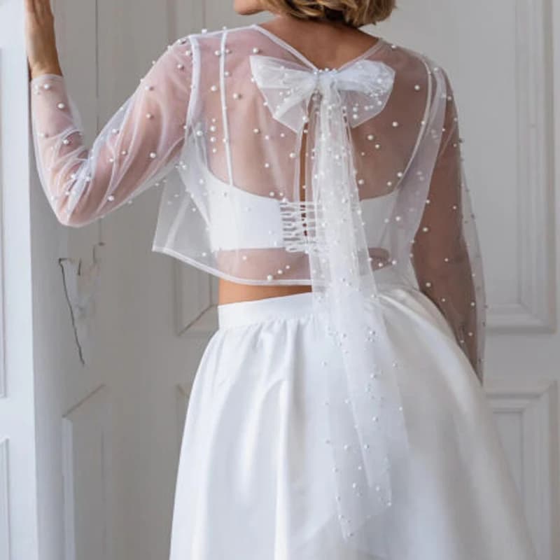 Pearls Wedding Jacket Long Sleeve Bridal Bolero Wedding Top Open Back Wedding Wrap With Bow Customized