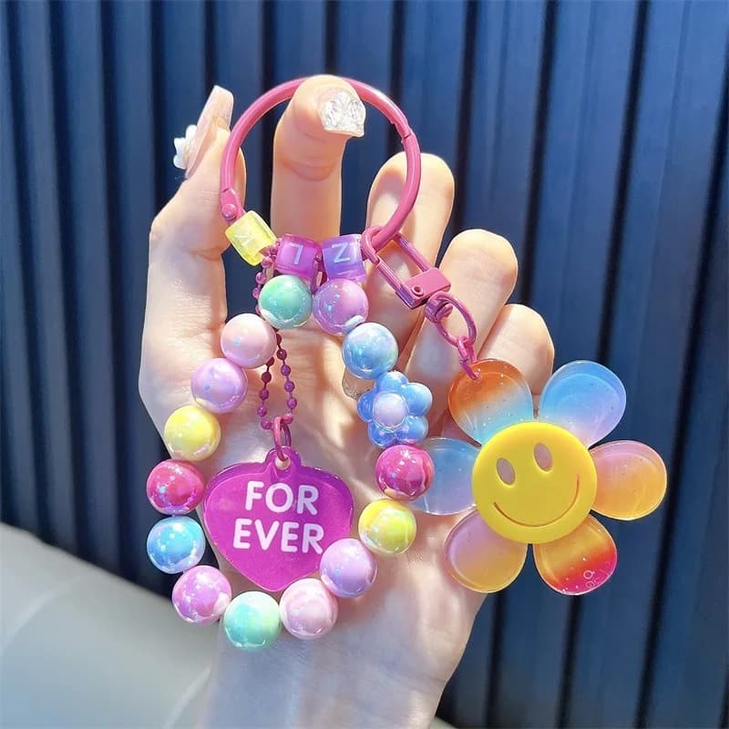Korean Style Sweet Flower Keyrings Colorful Beaded Chains Keychains Acrylic Flowers Keys Accessories For Cellphone Pendnat 2024