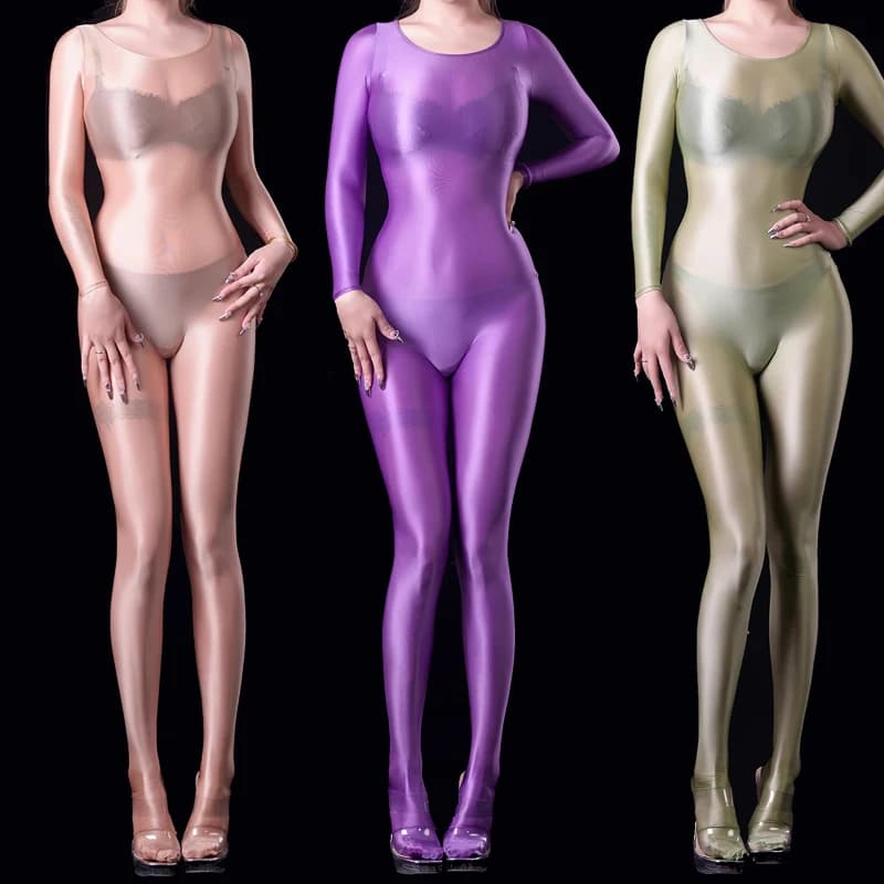 Womens Glossy Bodysuit Sexy See through One Piece Swimsuit Shiny transparent Tight Stocking