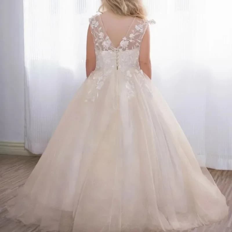 Flower Girl Dress Champagne Tulle Puffy Patterned Embroidery Little Girl Wedding Birthday Party First Communion Holiday Dress