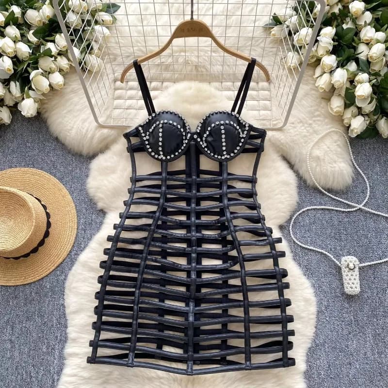 Vintage Hollow Out Elegant Rhinestone Chic Sleeveless Slim Straps Dresses Korean Fashion Evening Party Women Summer Clothing