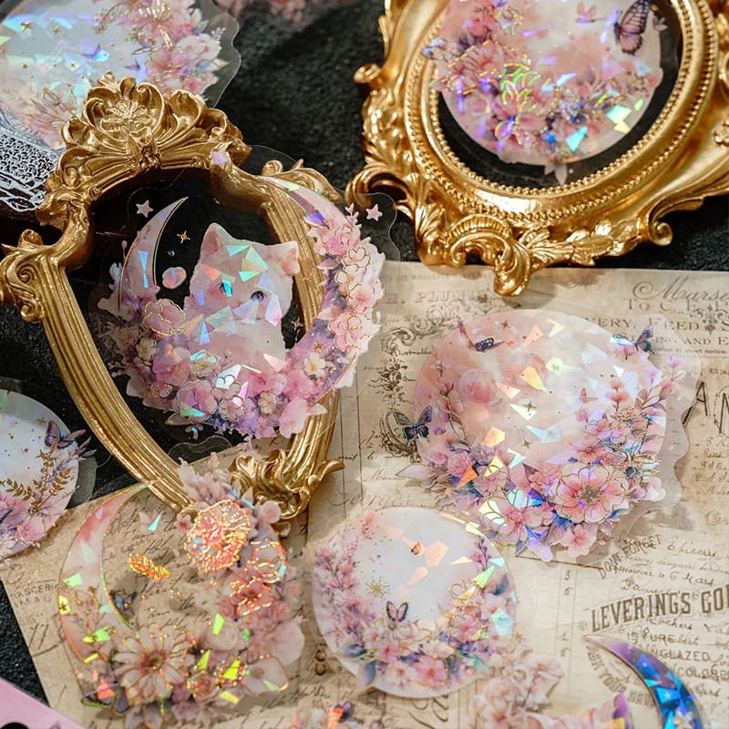 8Style 20pcs/pack Vintage Moon Kitten Sticker Pack Three-dimensional Laser Gold Handbook Material DIY Decorative Sticker