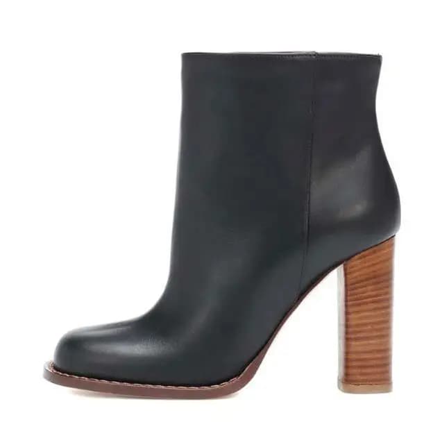 Fashion Wooden Chunky Heel Ankle Boots Woman Loose Slip On Beige Black Round Toe Motorcycle Boots