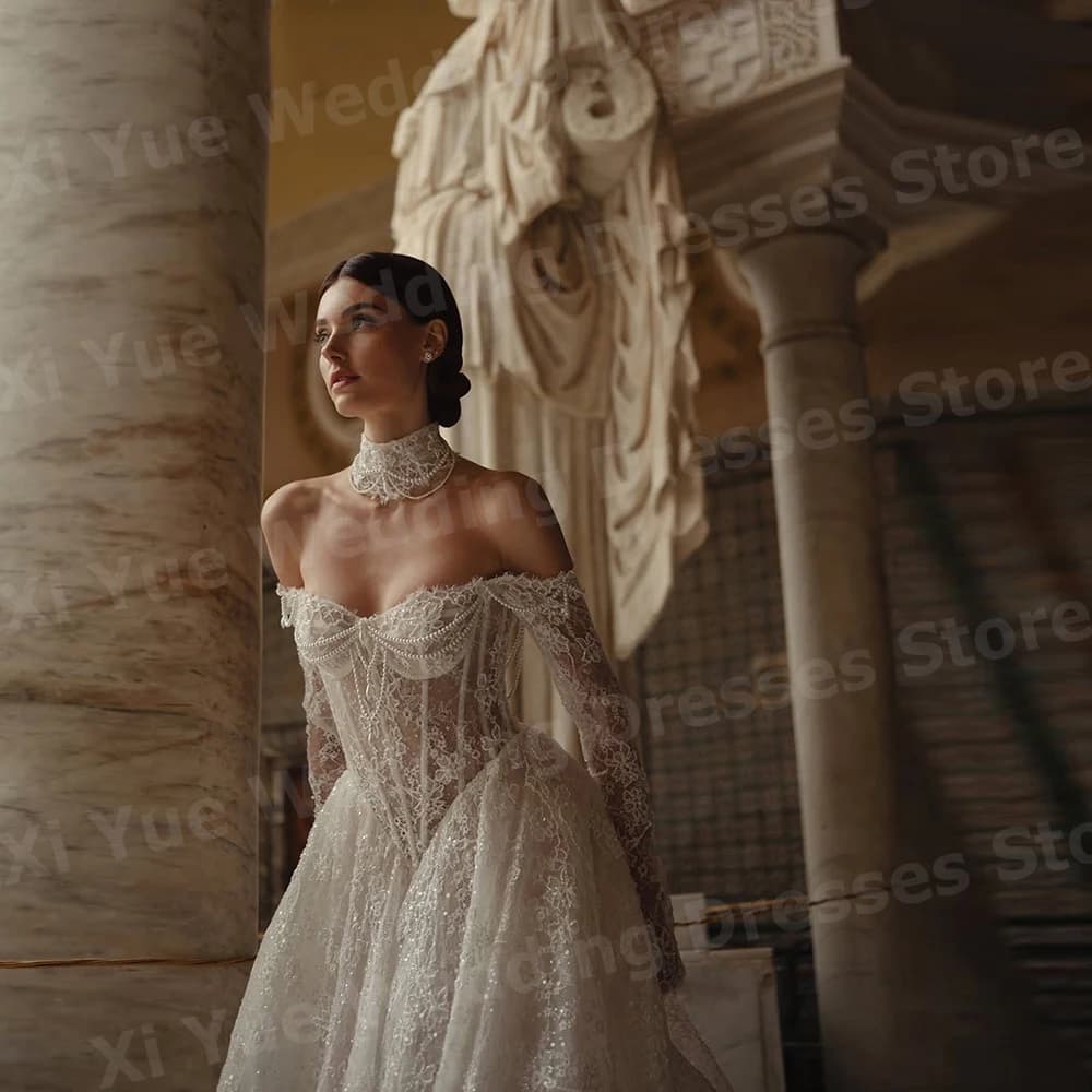 Sparkling A Line Women's Wedding Dresses Long Sleeve Lace Appliques Robe De Mariage Bride Gowns Customized Off Shoulder Vestido