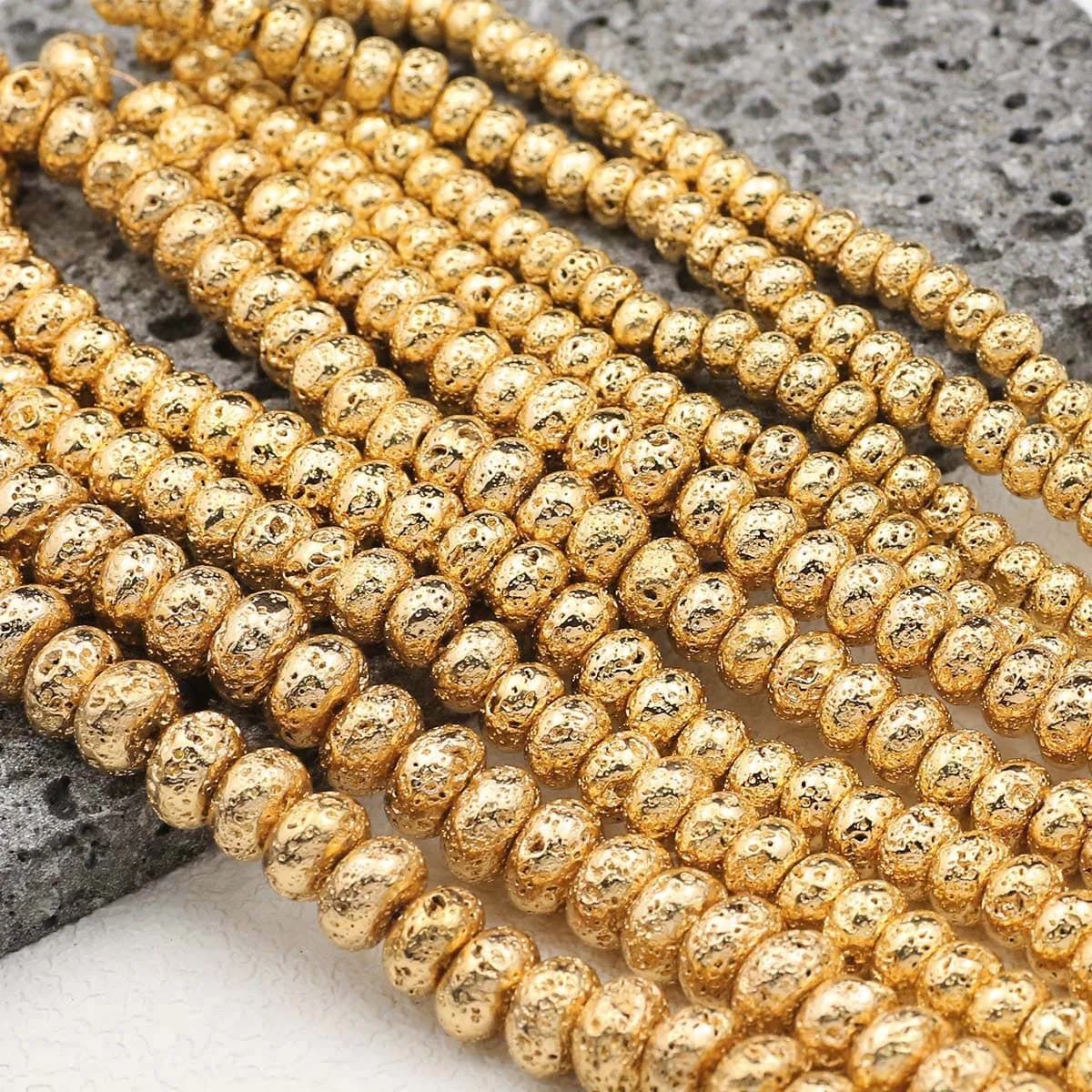 6/8/10mm 14K Gold Color Volcanic Lava Natural Stone Flat Round Loose Spacer Beads For Jewelry Making DIY Bracelets Necklace 15''