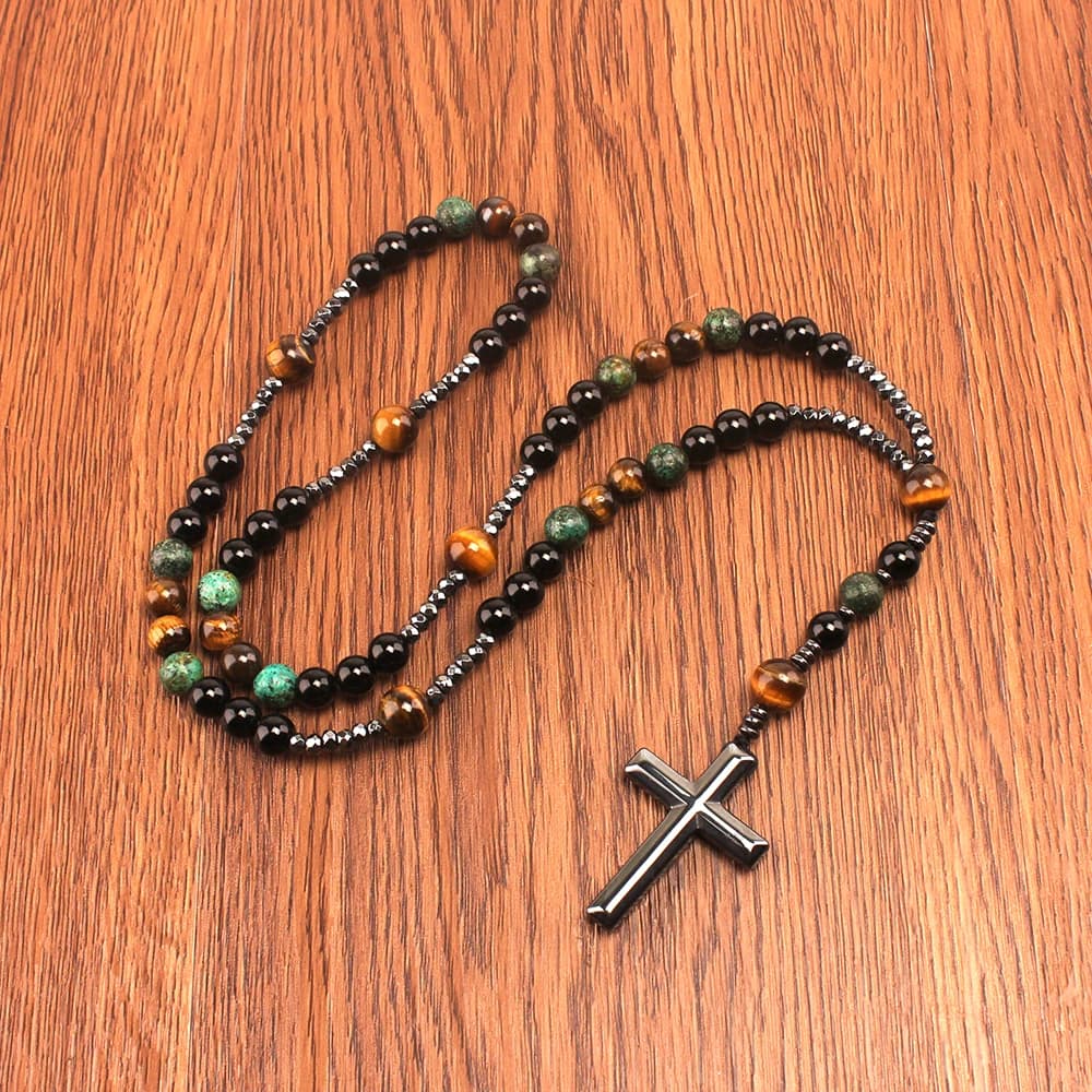 Natural Stone Africa Turquoise and Tiger-eye Beads Cross Pendant Necklace Rosary for Men and Women