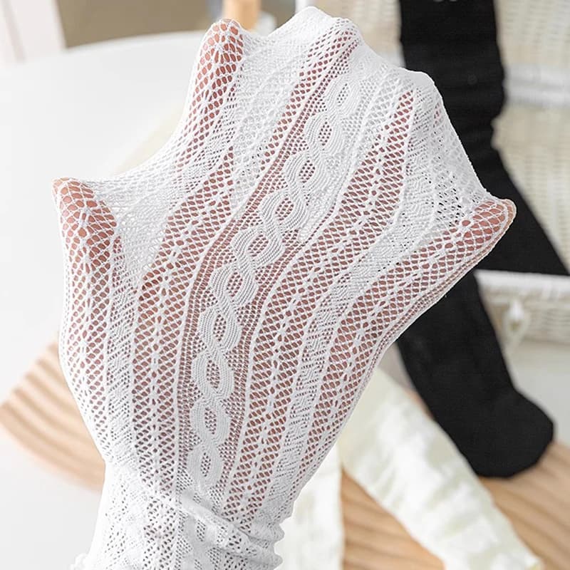 Japanese Kawaii Girls Cute Socks Spring Summer Mesh Hollow Out Women Socks Solid Color Female Harajuku Retro Vintage Long Socks