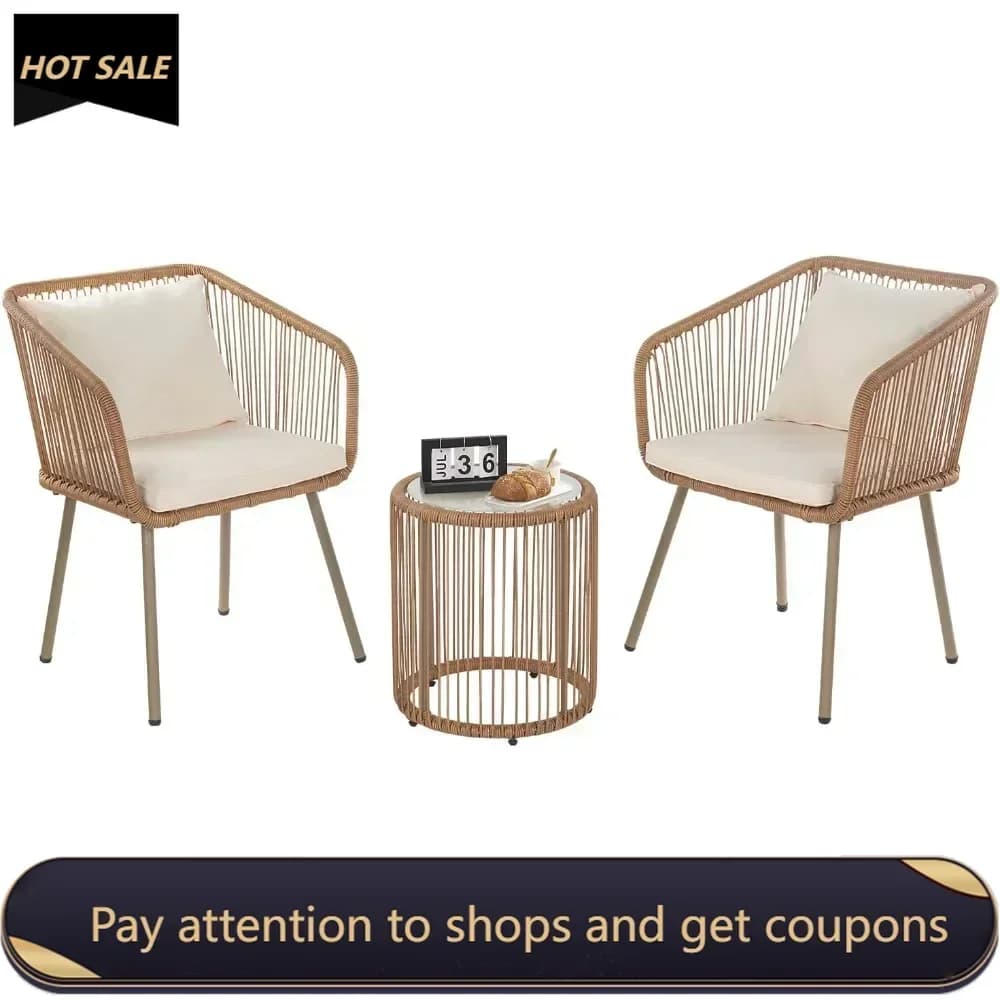 3-Piece Outdoor PE Bistro Furniture Set Patio Rattan Conversation Set Patio Furniture Set Glass Coffee Table Top and 2 Chairs