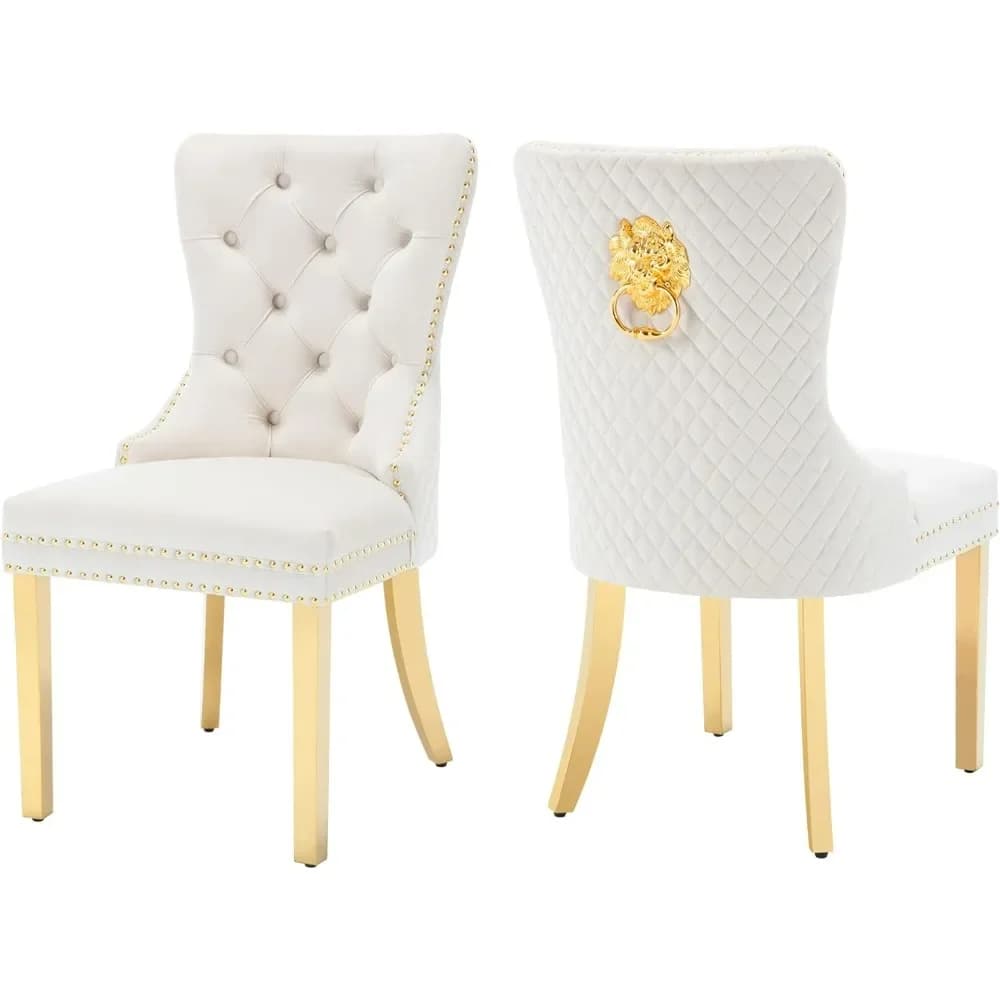 Dining Chairs Set of 2, Luxury Velvet Tufted Legs & Nailhead Trim, Back Lion Head Pull Ring & Rhomboid Pattern, Kitchen Chair