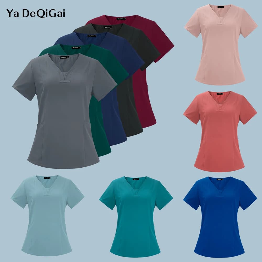 Wholesale Fashion Scrub Tops Hospital Doctor Nurse Working Uniform Solid Color Unisex Surgical Gown V-neck Scrubs Top for Women
