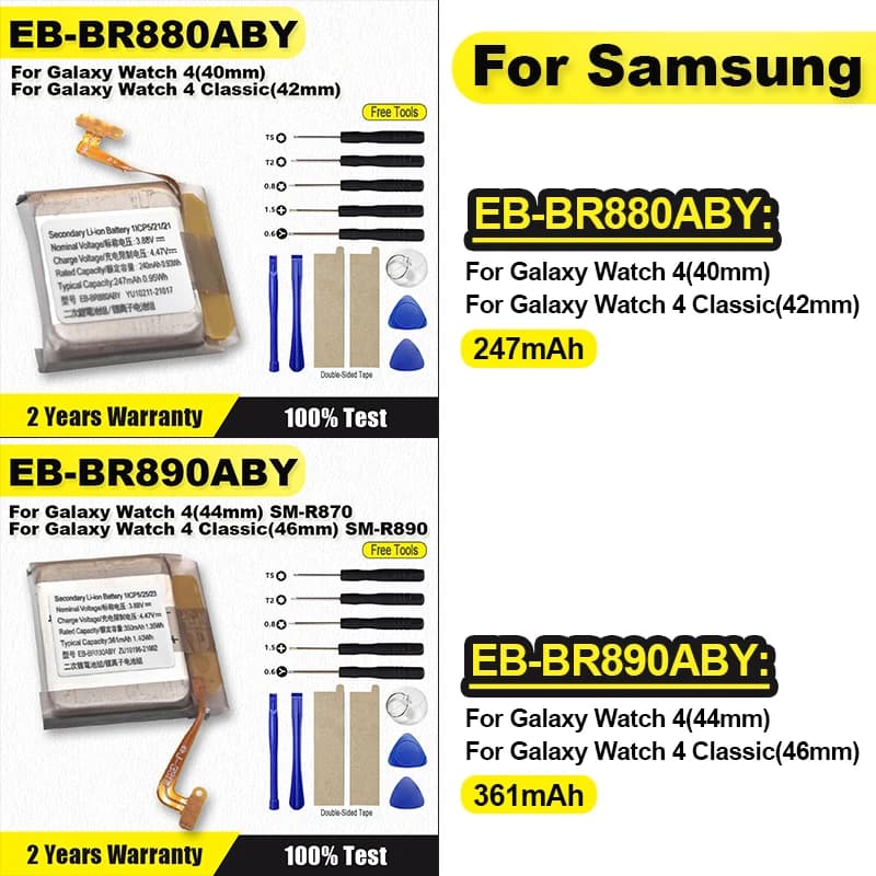 Battery EB-BR880ABY For Galaxy Watch 4/4Classic 40mm/42mm EB-BR890ABY For Galaxy Watch 4 4/4Classic 44mm/46mm R870 + Tools