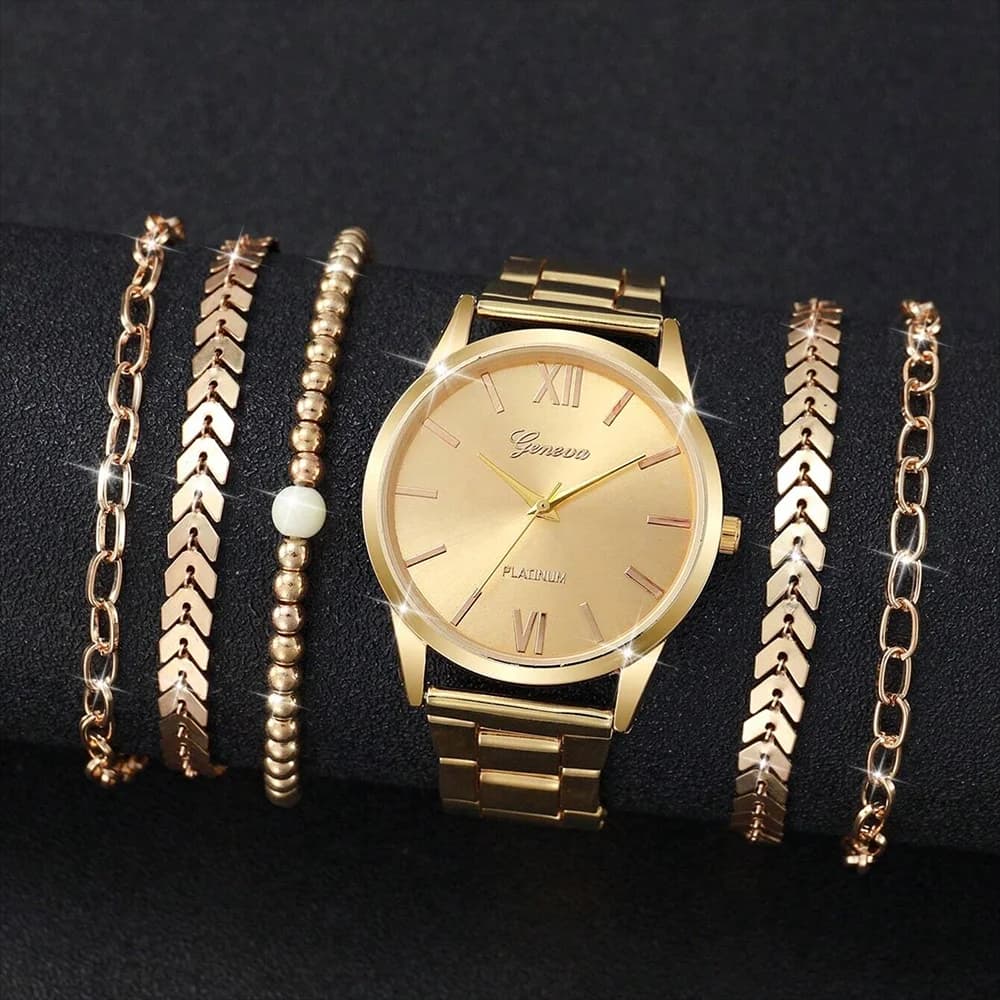 6PCS/Set Fashionable Ladies Elegant Watch Ladies Luxury Quartz Watch Light Luxury Watch Bracelet Set As A Gift For Mom