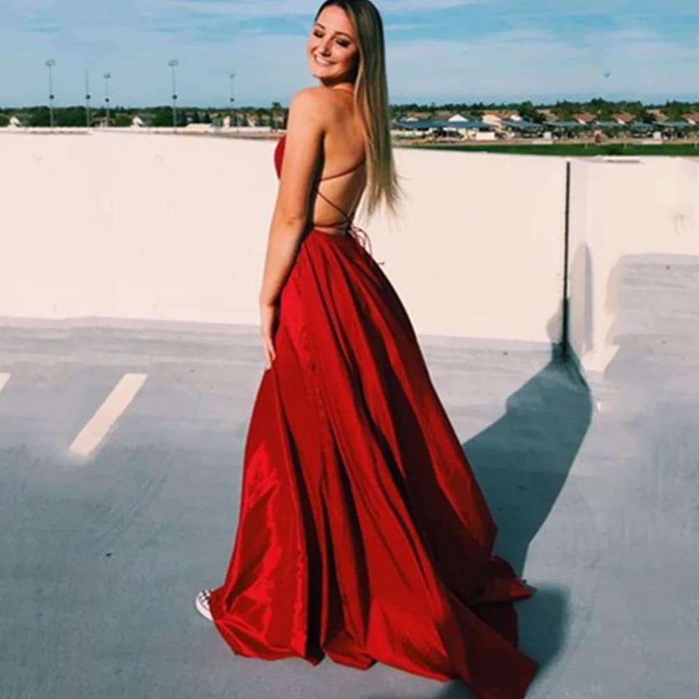 Elegant Burgundy Prom Maxi Dresses For Women 2025 Sexy Backless Side Slit Halter Satin Evening Party Gowns Vestidos De Gala