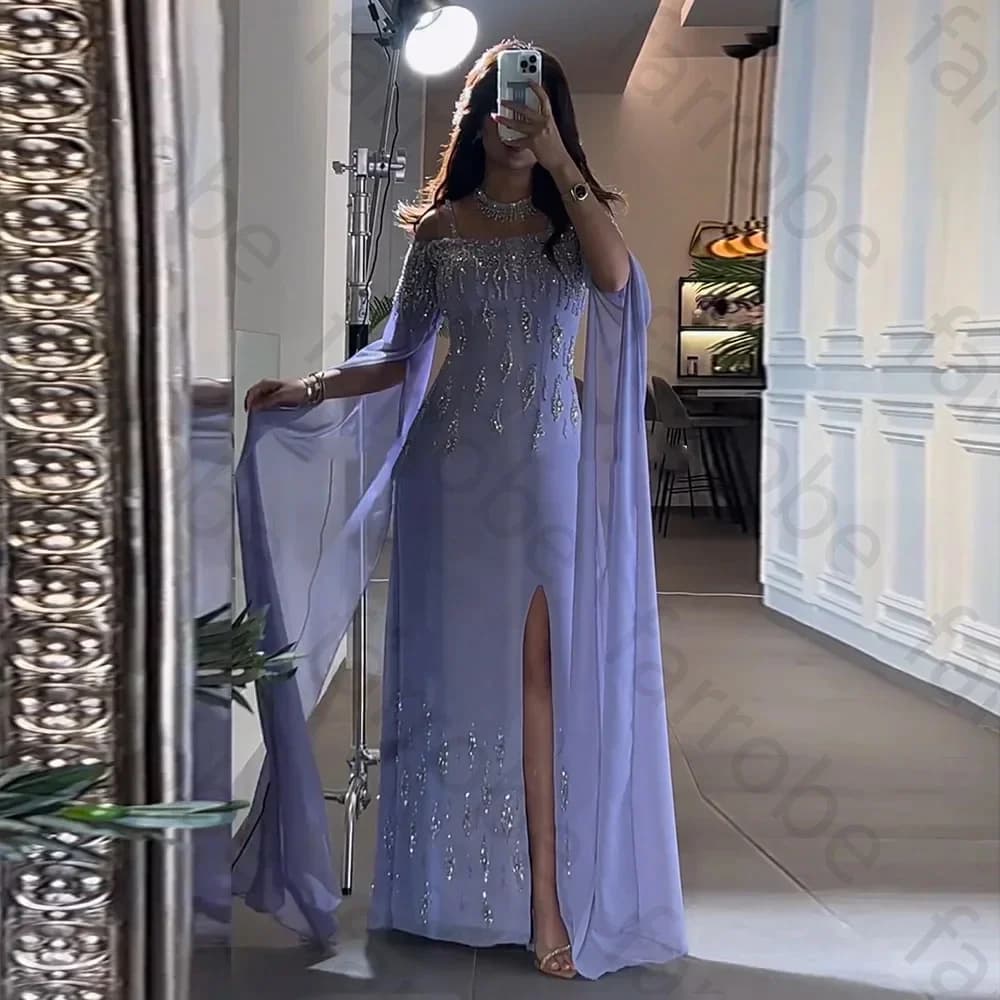 Customized Arabic Lilac Mermaid Prom Gown Sleeves High Split Beaded Luxury Evening Dresses Gowns for Women Wedding Party Dress