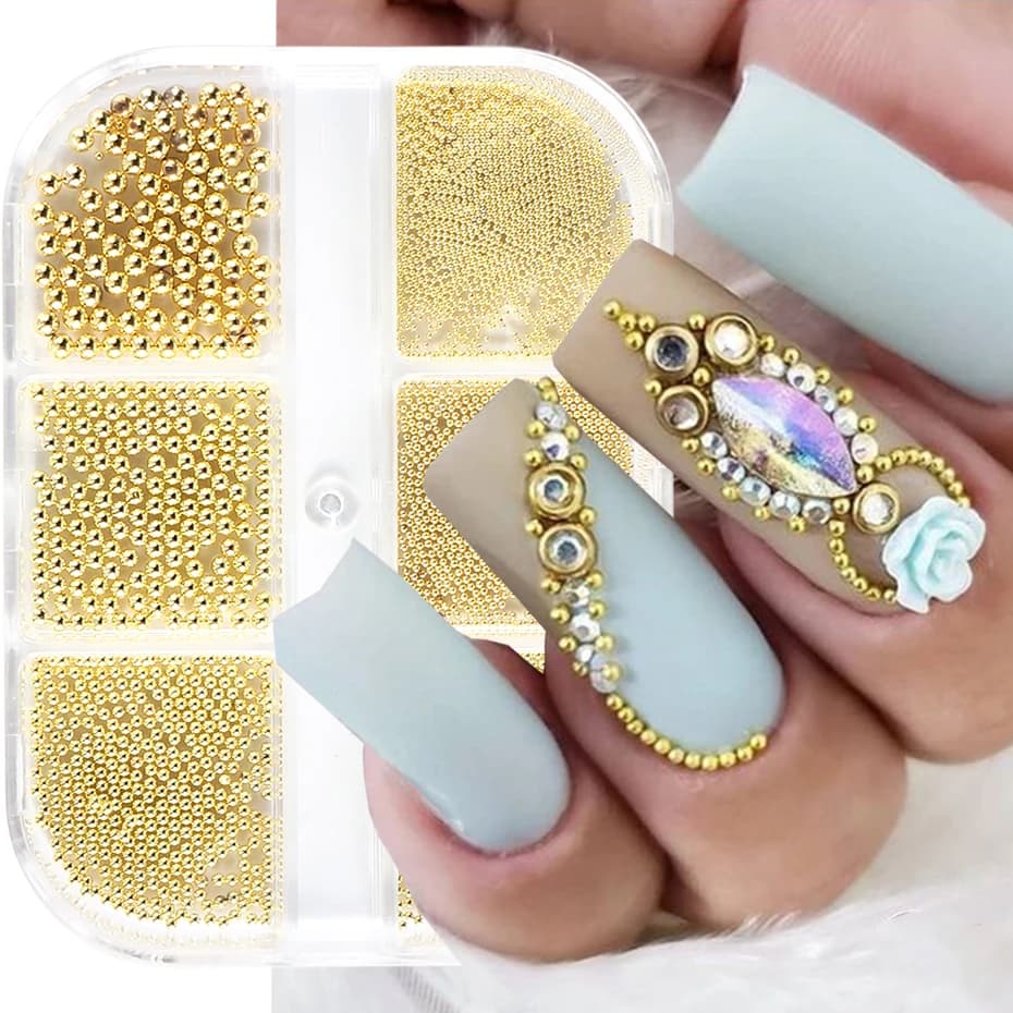 6 Grid Gold Mixed Size Stainless Steel Metal Bead Nail Art Decoration 3D Mini Small Caviar Ball Sliver Charm Pearl Manicure