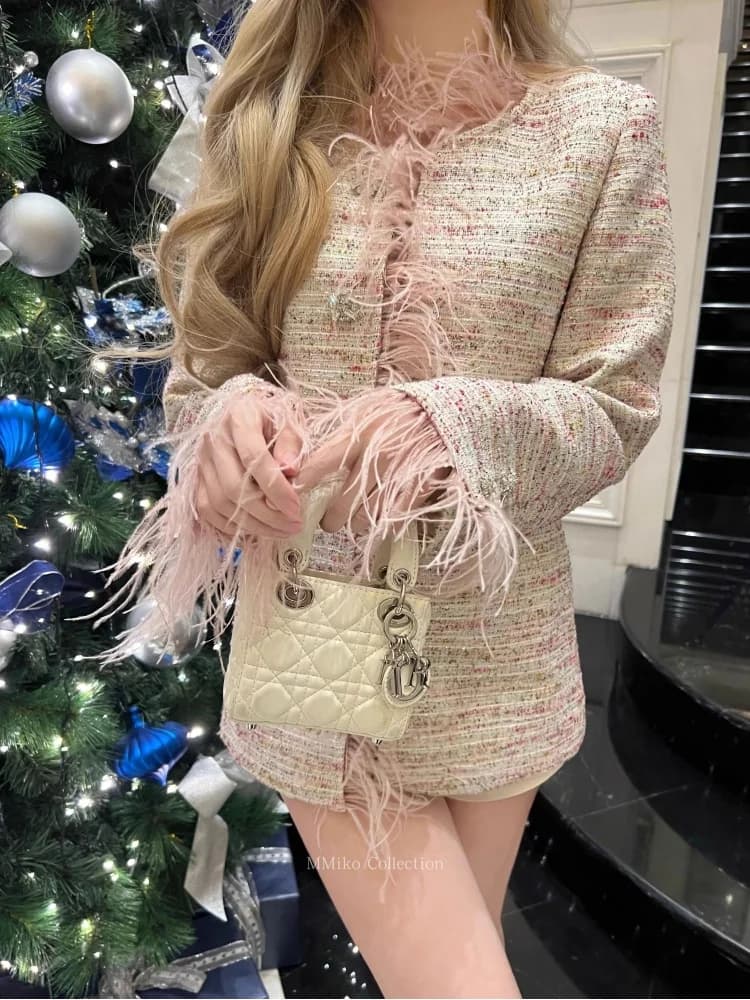 Elegant Temperament Pink Ostrich Fur Jacket Coat Women's Small Fragrant Style Diamond Single Breasted Woolen Outerwear