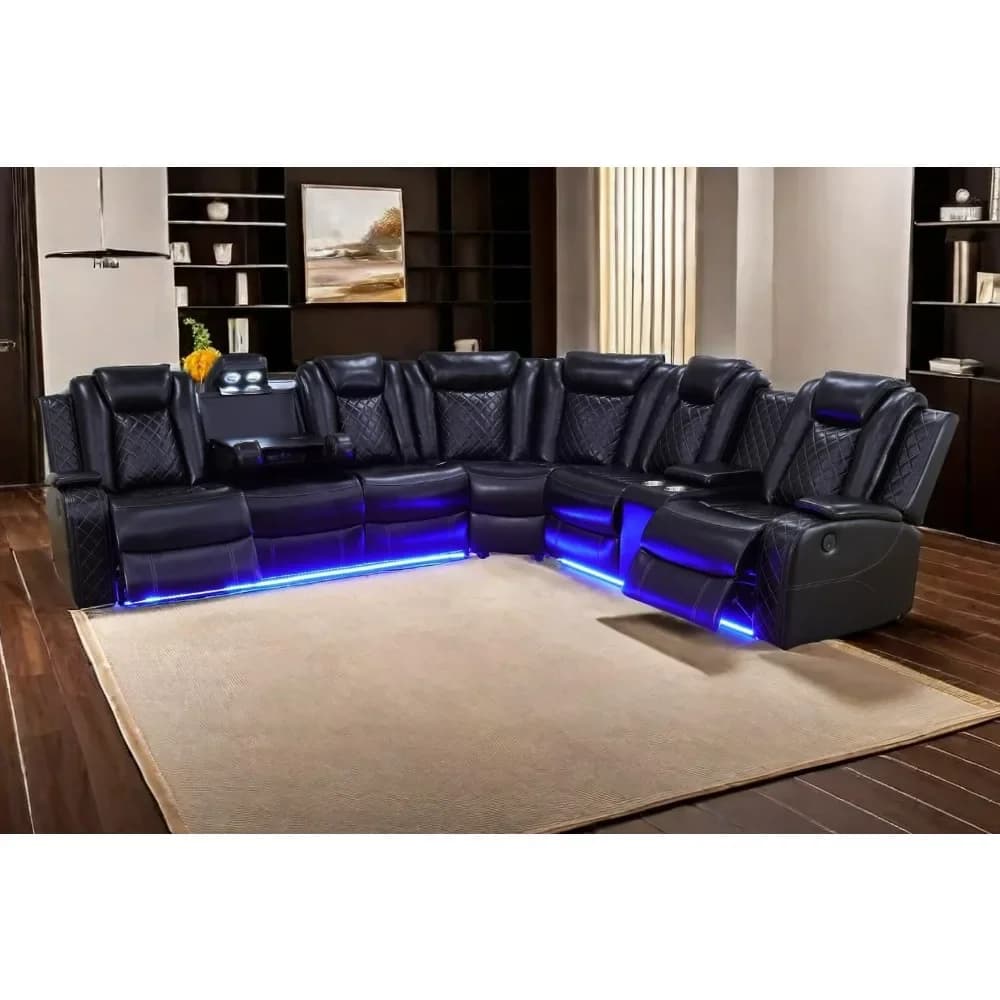 Power Recliner Set, with LED Lights, Cup Holder, Hide-Away Storage, Leather Sectional Sofa Set for Living Room, Recliner