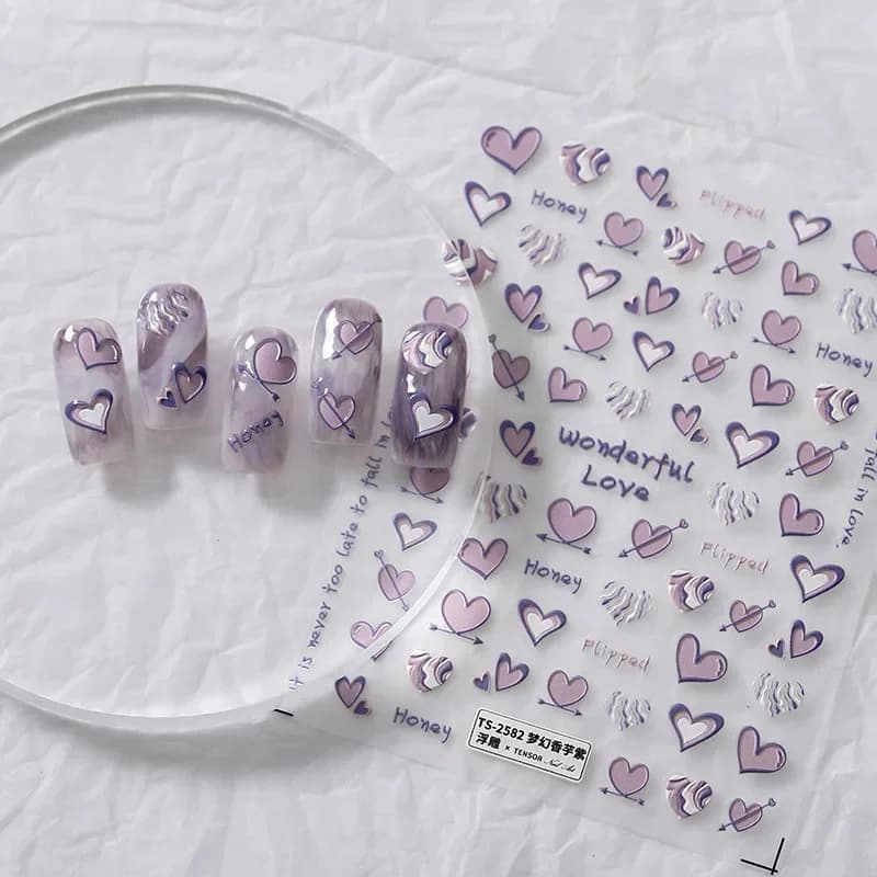 Pink Purple Heart Nail Stickers Self Adhesive Nail Art Cute Sweet Korean Style Kawaii Nail Accessories Nails Tips Decor Decal