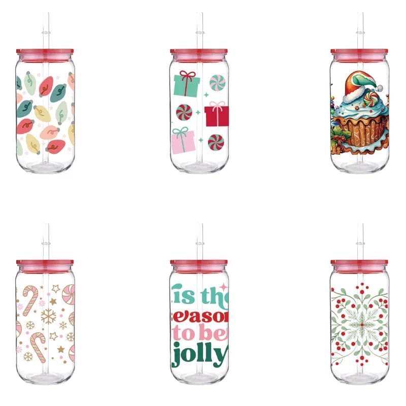 Christmas 16oz Printed PET Cup With Straw Red Lid Colorful Cartoon Design Can Hold Coffee Milk Water Multi Functional Cup