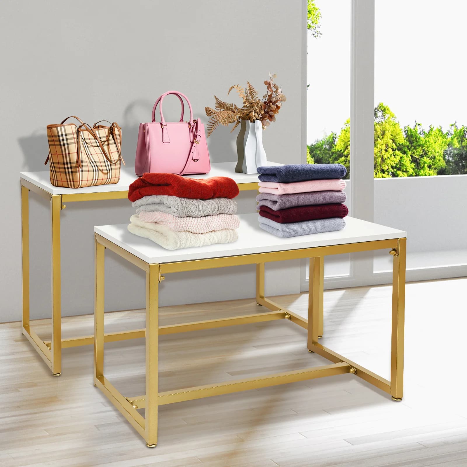 Metal Shoe Handbag Display Stand Nesting Tables 2 Piece Set Display Riser Shelf for Retail Stores Shoes Handbags Display Rack