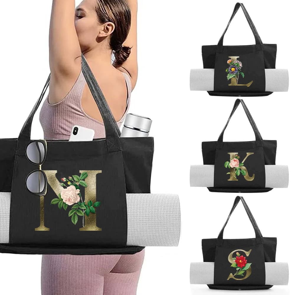 Gym Fitness Handbags Women's Yoga Mat Tote Bag Pocket Large Capacity Pilates Shoulder Bags Storage Golden Flower Printing Series