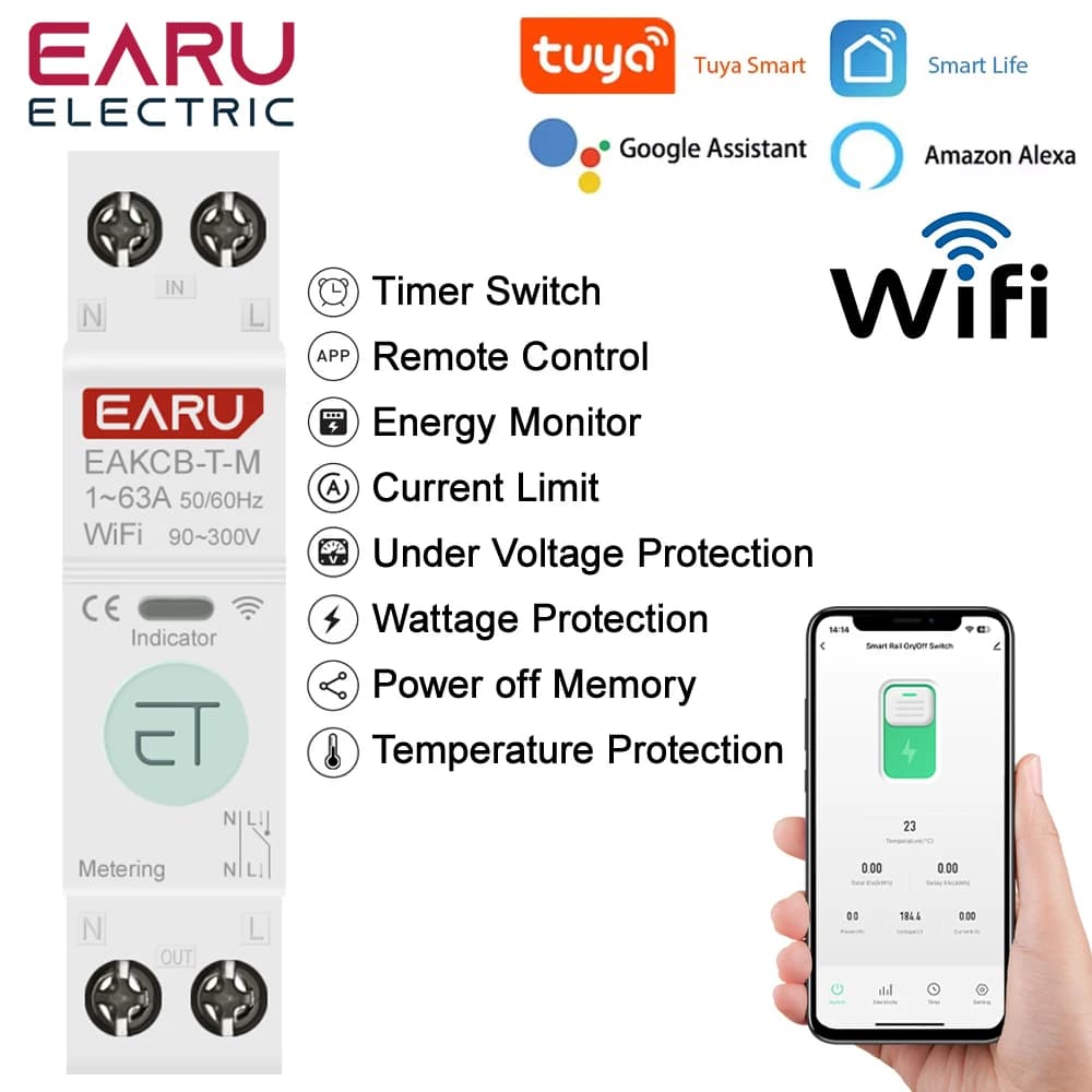 Tuya WiFi Smart Circuit Breaker MCB Timer 1P+N 63A Power Energy kWh Voltage Current Meter Protector Voice Remote Control Switch