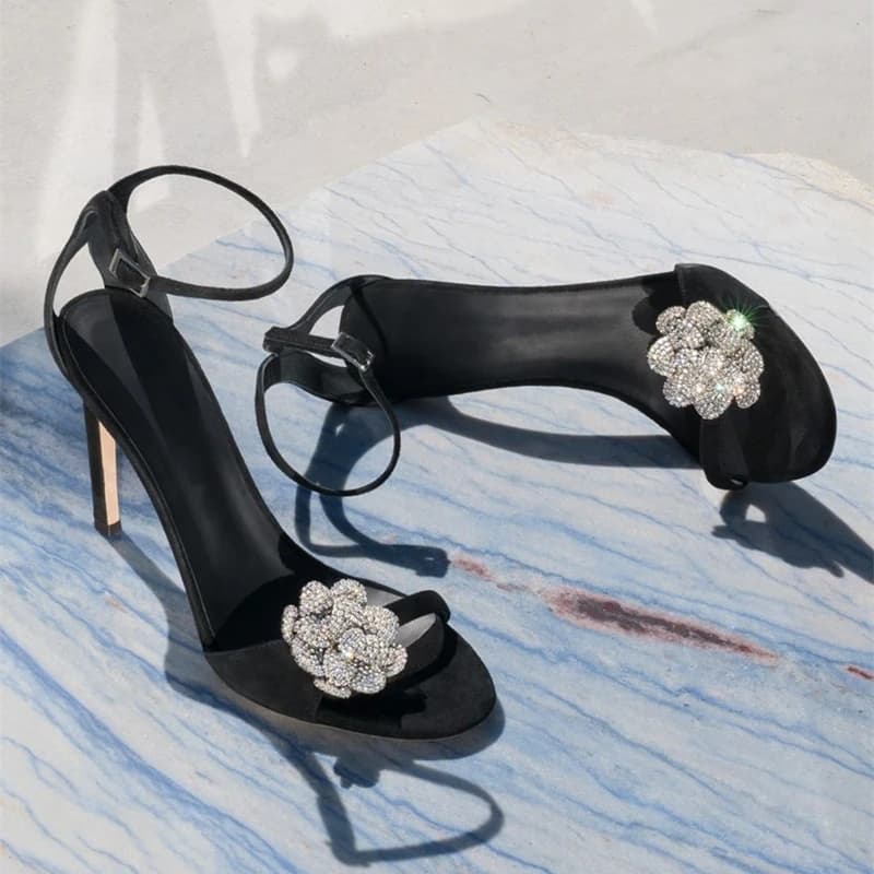 New Water Diamond High Heels Original Camellia Blossom Women's Shoes Thin Heels Banquet Party Sandals Sexy Roman Shoes