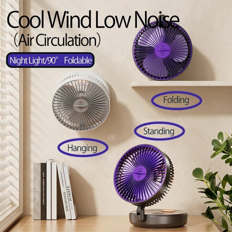 2025 New 5000mAh Rechargeable 3IN1 Multifunctional Portable Fan Wall Mounted Fan 90° Folding Fan 4 Gears With Warm Night Light