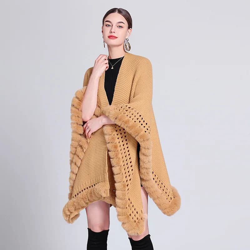 Novelty Fashion Knit Faux Fur Trim Shawl Long Cape Coat Autumn Winter Women Elegant Forked Cloak Wraps Big 2023 New