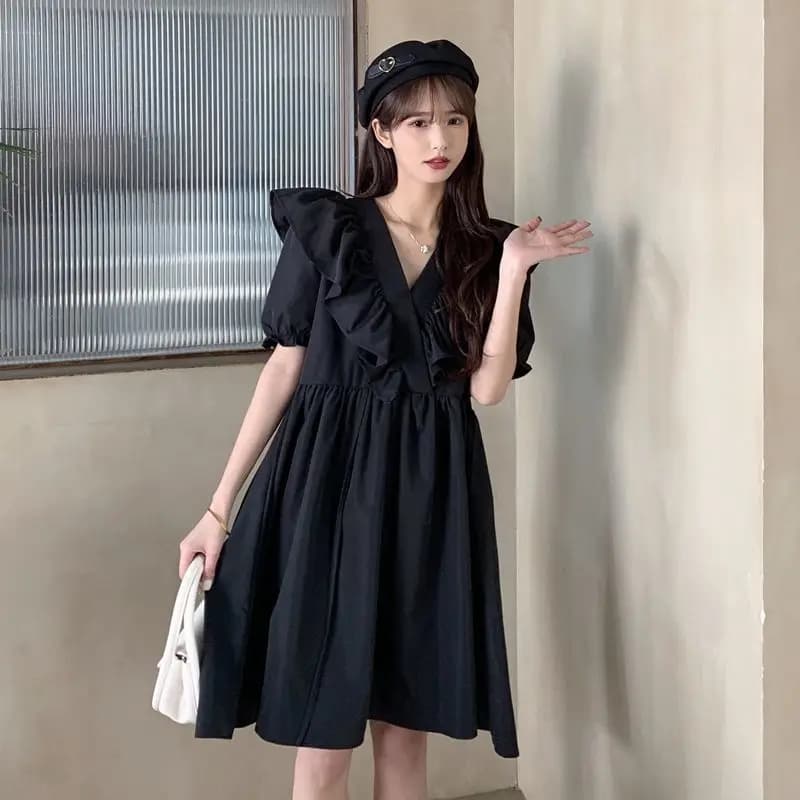 Sweet V-Neck Spliced Shirring Bandage Ruffles Prom Dress Female Clothing 2024 Summer New Loose Korean Puff Sleeve Casual Dresses