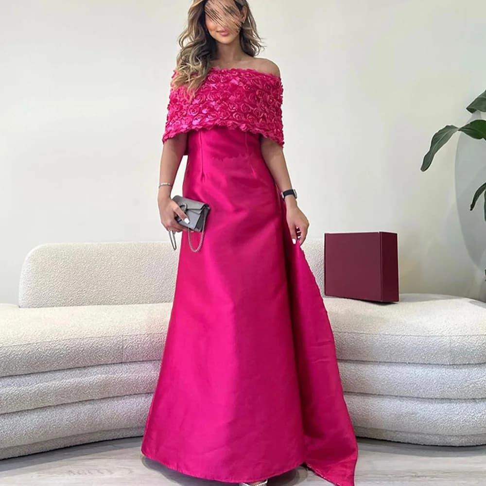 Flowers Court Train A-Line Boat Neck Off the Shoulder Exquisite Evening Dresses Custom Size Floor Length Satin Half Sleeves