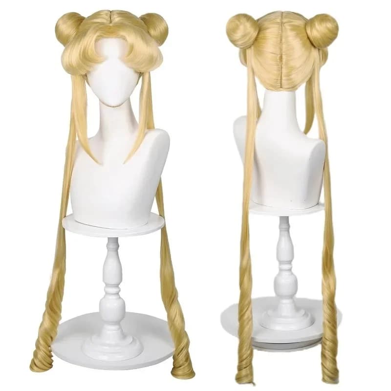 Sailor Moon Tsukino Usagi Long Curly Blonde Ponytails Wig with 2 Pongtails with Wig Cap for Halloween Costume Party