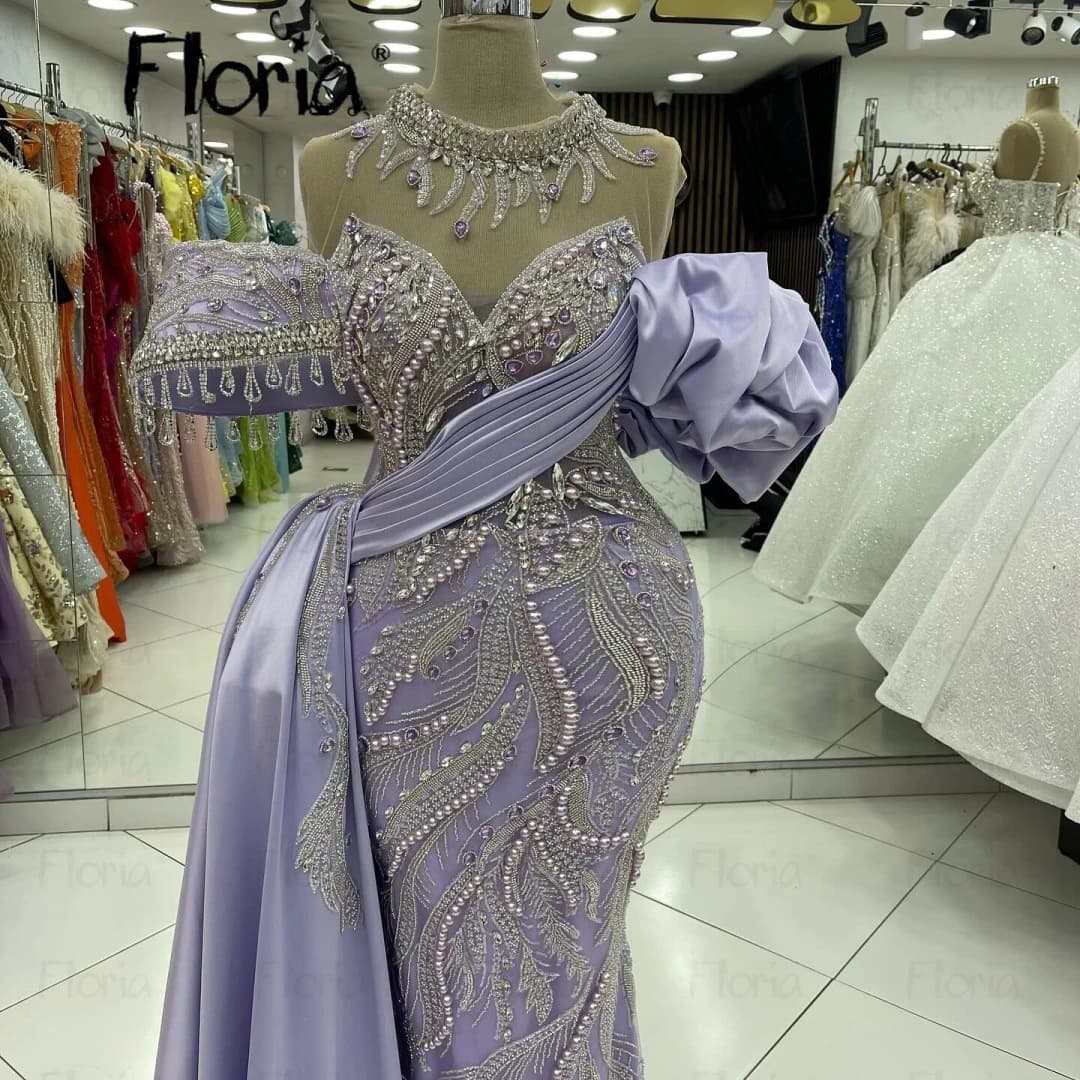 Lilac Pearls Beaded Evening Wedding Dress with Overskirt Purple Mermaid Formal Party Gown Arabic Wedding Guest Gowns Customized