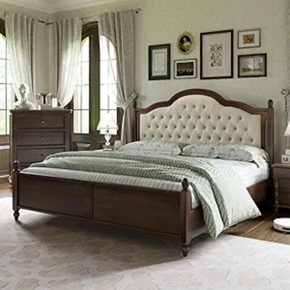 Solid Wood Bed Frame Queen Size, Transitional Platform Bed with 52.5" Upholstered Tufted Headboard, Rubberwood/Roman Column