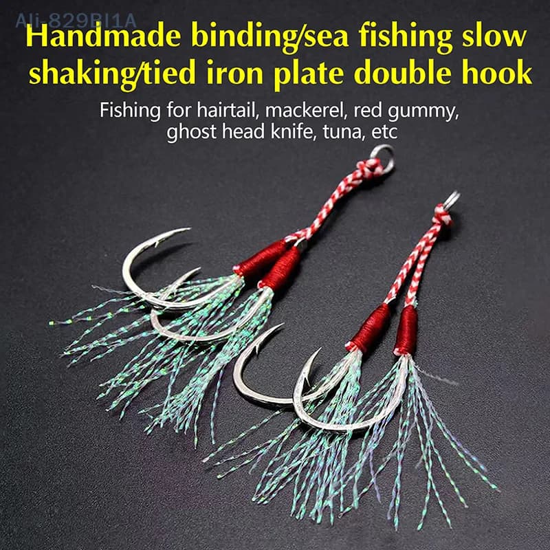 1PCS High Carbon Steel Fishing Lure Fishing Hook Jig Double PairHooks Barbed Thread Feather Accessories Pesca