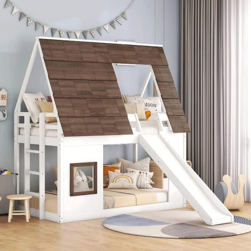 Twin Over Twin House Bunk Bed Frame with Roof,Window,Ladder and Slide for Boys Girls, White & Brown Home & Kitchen