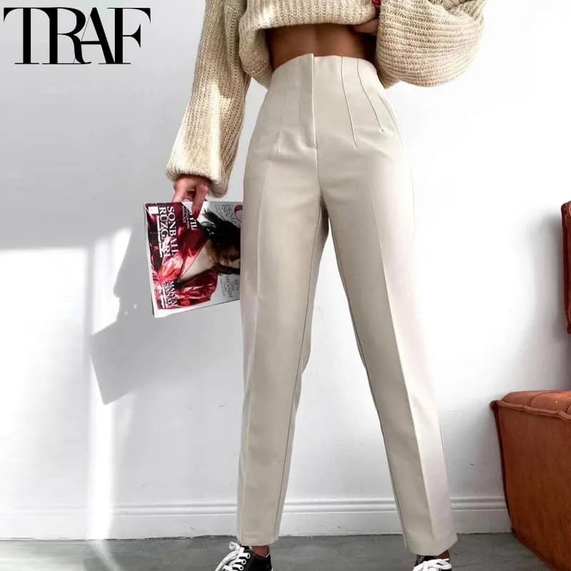 TRAF Office Wear Women'S Formal Pants Pleated High Waist Pants For Women Casual White Cropped Trousers Blackpink Woman Pants