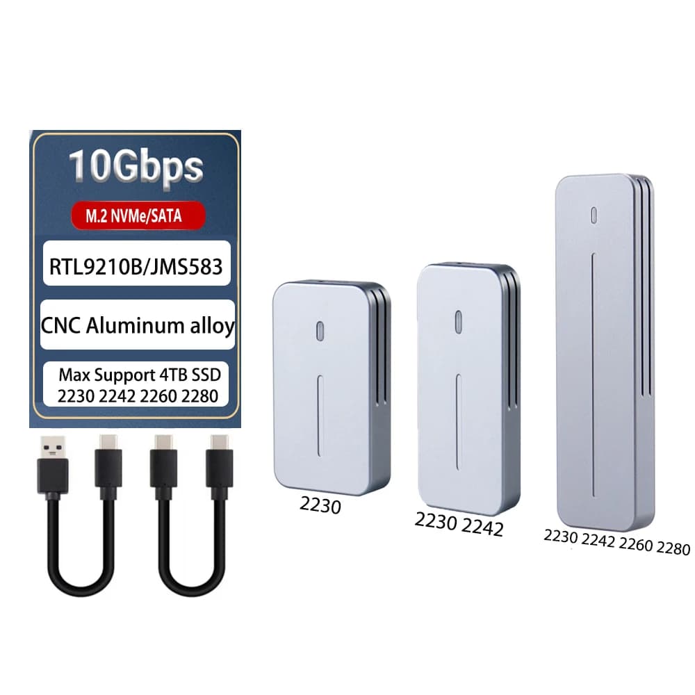 M.2 NVMe NGFF SSD Enclosure, CNC Aluminum USB 3.2 Gen 2 10Gbps PCIe NVME 6Gbps SATA MKey M&BKey M.2 Case for M2 2230 2242 2280