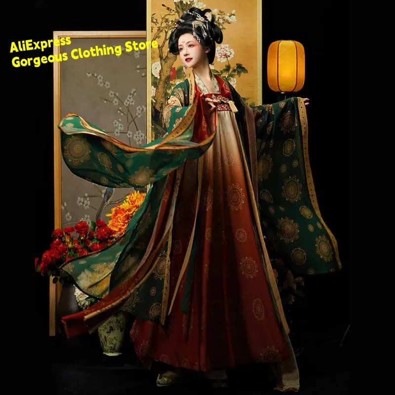 Original Hanfu Tang Dynasty Flower Embroidery Chest length Broken Skirt With Large Sleeve Coat Summer Han Fu 2023 New Female